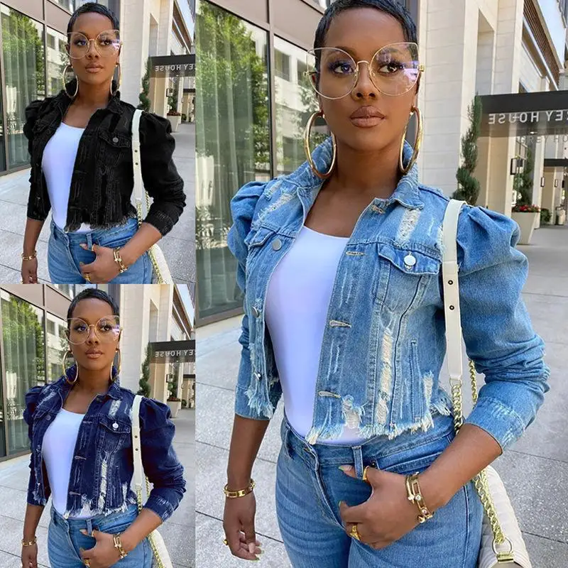 

Newest Design Casual Solid color Vintage Short summer fashion worn denim jacket with puffy sleeves 5xl plus size Jean jacket, As picture or customized make