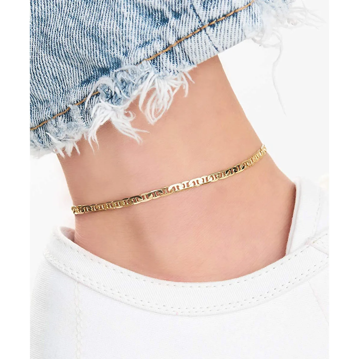 

2022 New Fashion Gold Anklet For Women Flat Mariner Anklet Single Chain Barzel 18K Gold Plated Flat Marina Link Anklet For Women