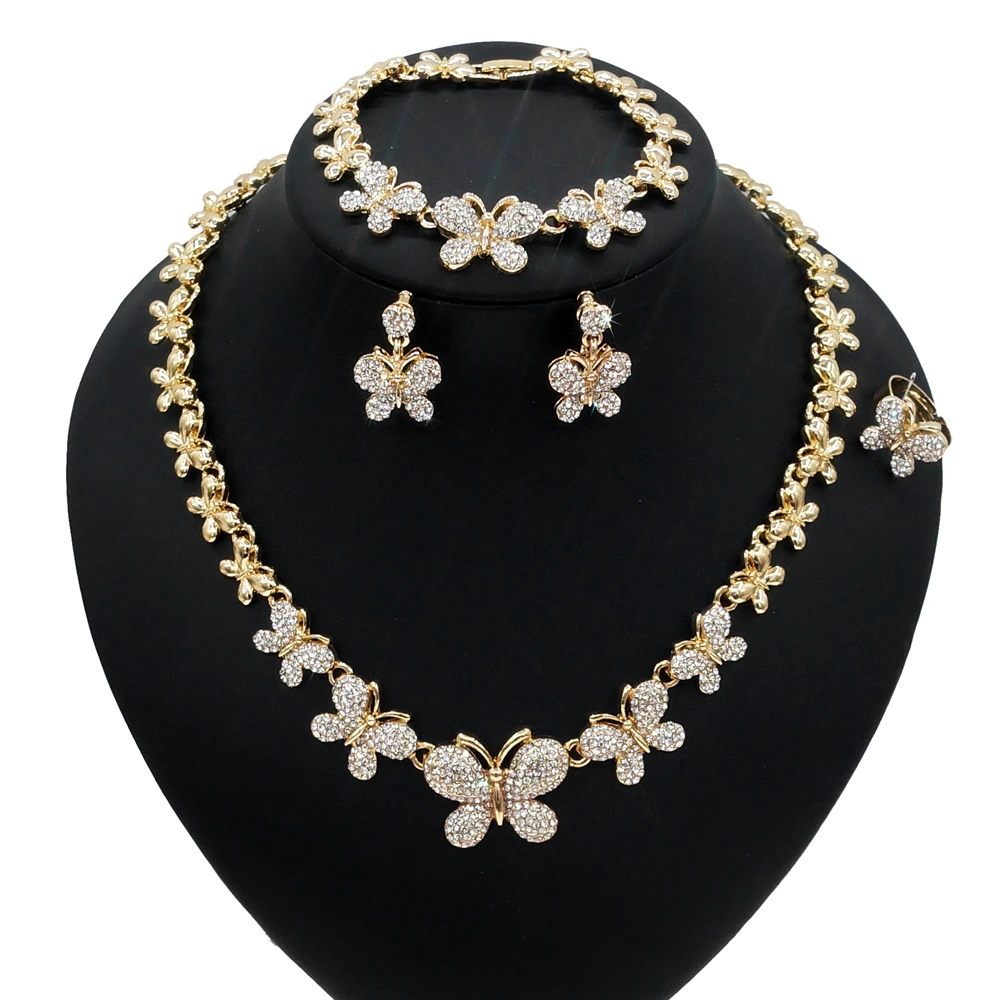 

High Quality Crystal Rhinestones gold plated Alloy Metal wedding xoxo butterfly design necklace set African jewelry set