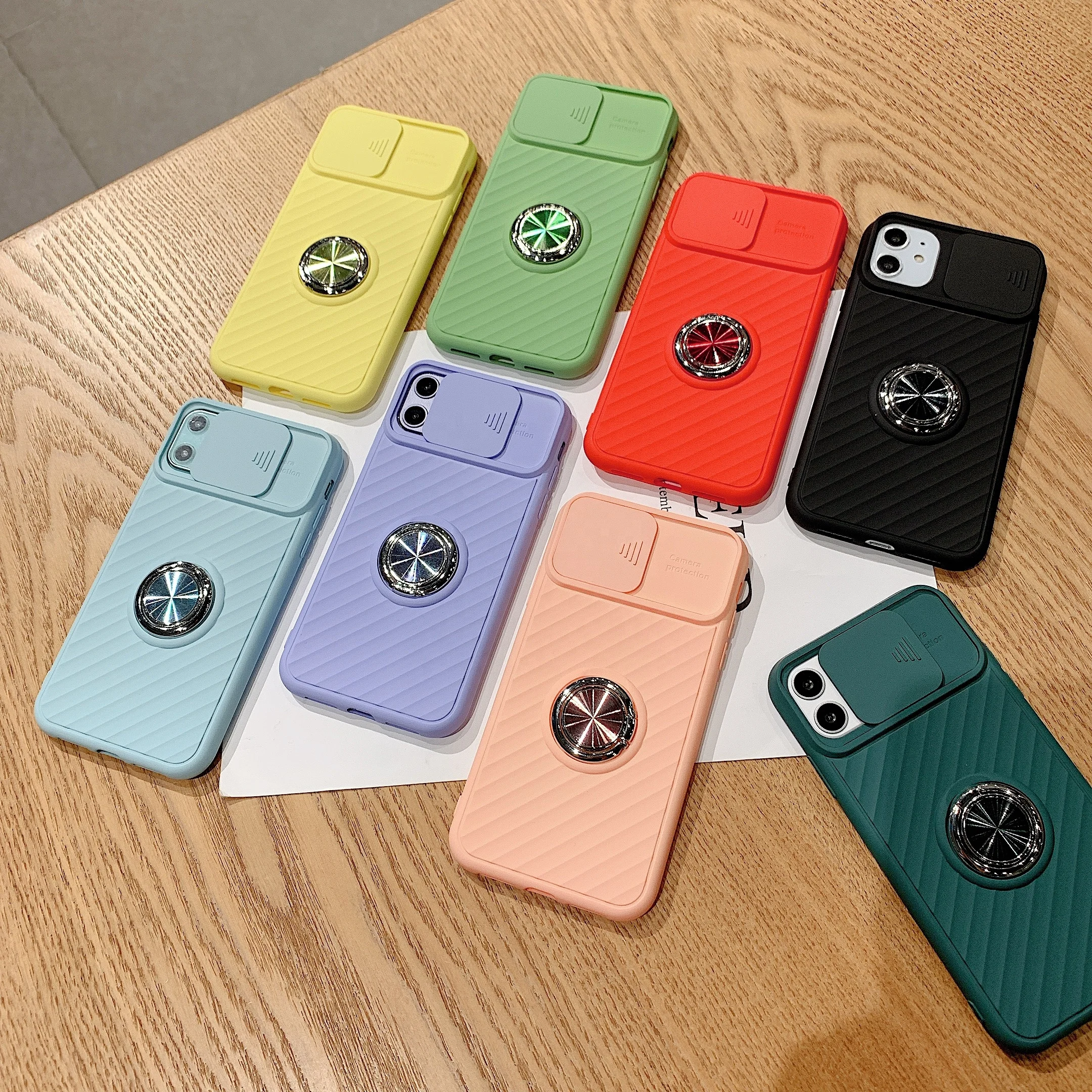 

New arrival Shockproof soft TPU camera slide door protection Phone Case for iphone 12mini 12 Pro max with ring holder, Black, dark green,purple,red