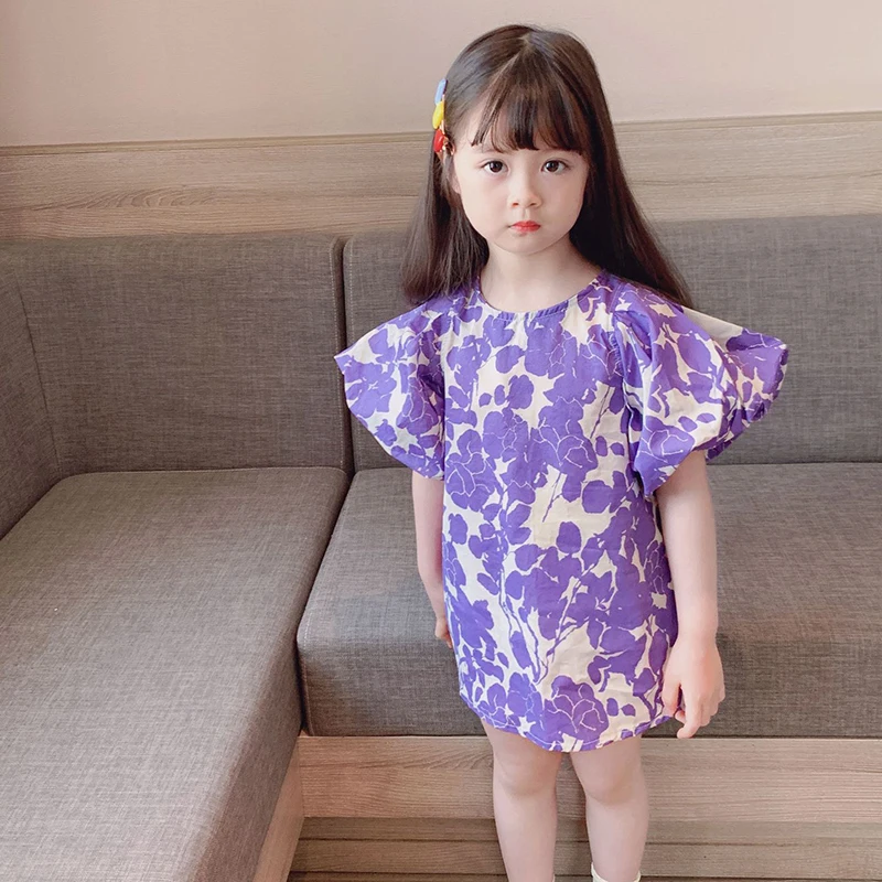 

new summer Korean version of female baby purple flower bubble sleeve princess skirt