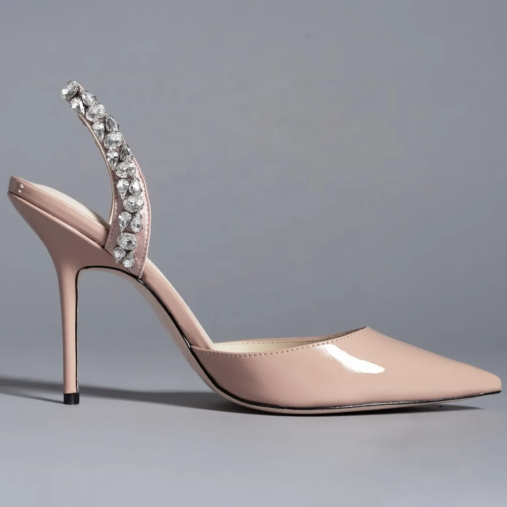 

Slingback tan kitten heel patent leather/ satin stones pointed toe women shoes heels
