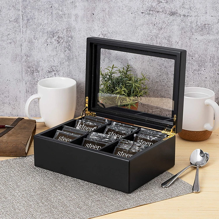

Christmas gift 2021 acrylic window coffee storage organizer 6 compartments black bamboo tea bag box with lid
