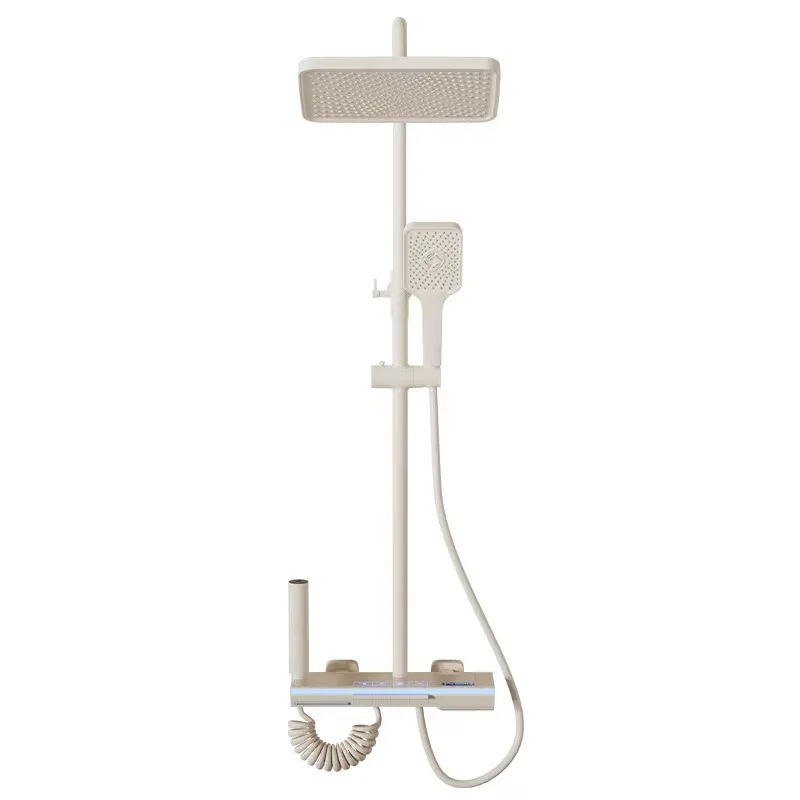 Milk white ambient light shower set bathroom all copper constant temperature and pressure boosting digital display piano button