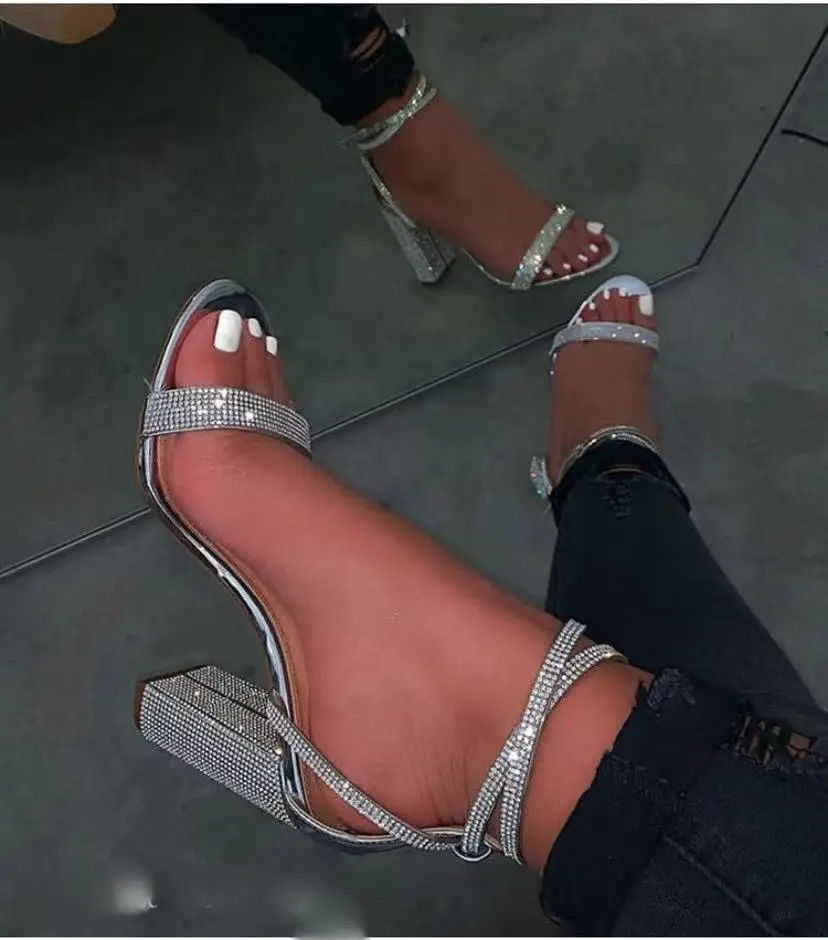 

2021 new arrivals Party Rhinestone Sandals Square Toe Strappy Stiletto Luxury Heels Thin Heels For Ladies, 4 colors as picture