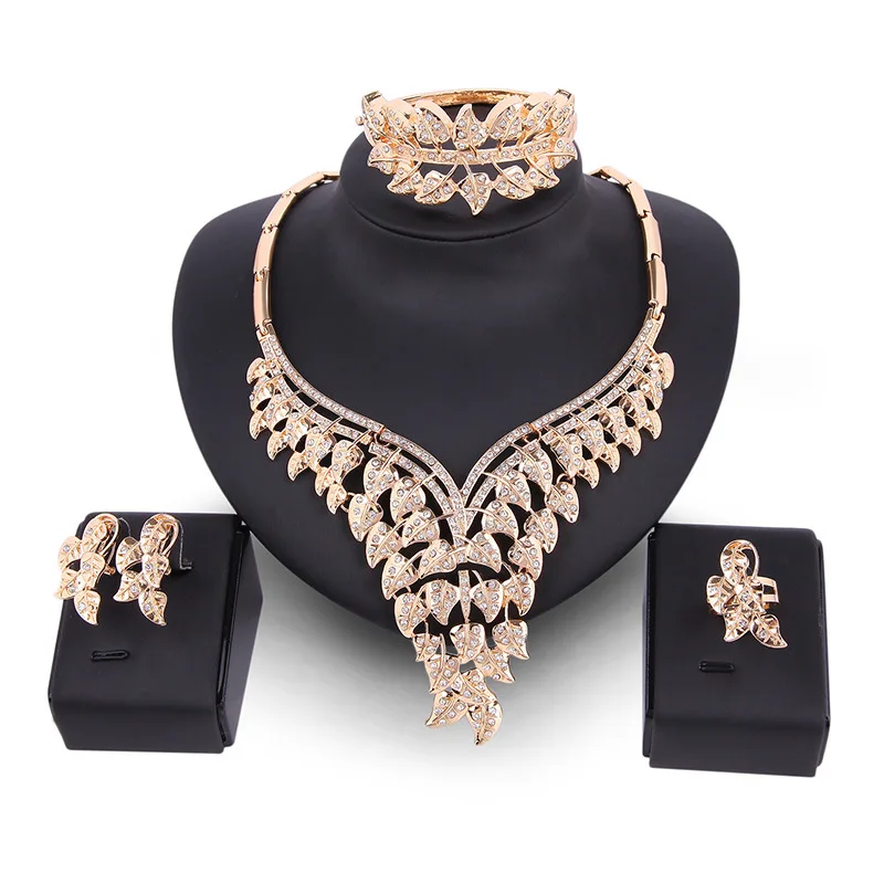 

New European and American crystal necklace earrings four-piece set, bridal jewelry set factory direct sales zinc alloy