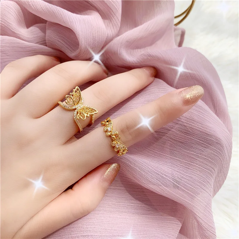

Real 18k Gold Plated CZ Zircon Multiple Butterfly Opening Index Finger Rings Adjustable Cubic Zirconia Butterfly Ring