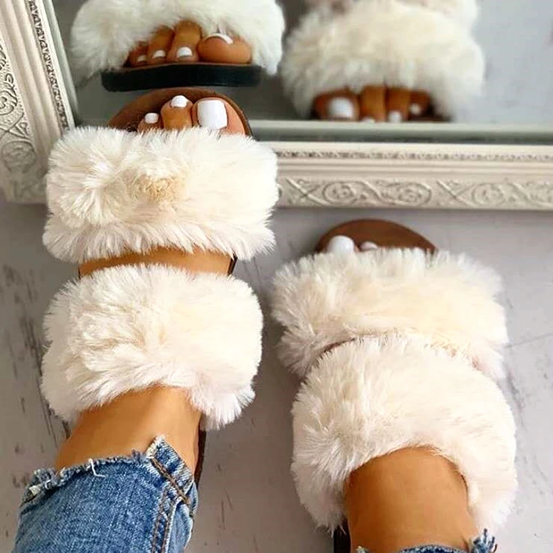 

New style stylish and comfortable faux fur indoor outdoor sandals slides fluffy slippers for women and ladies, Khaki, beige, black