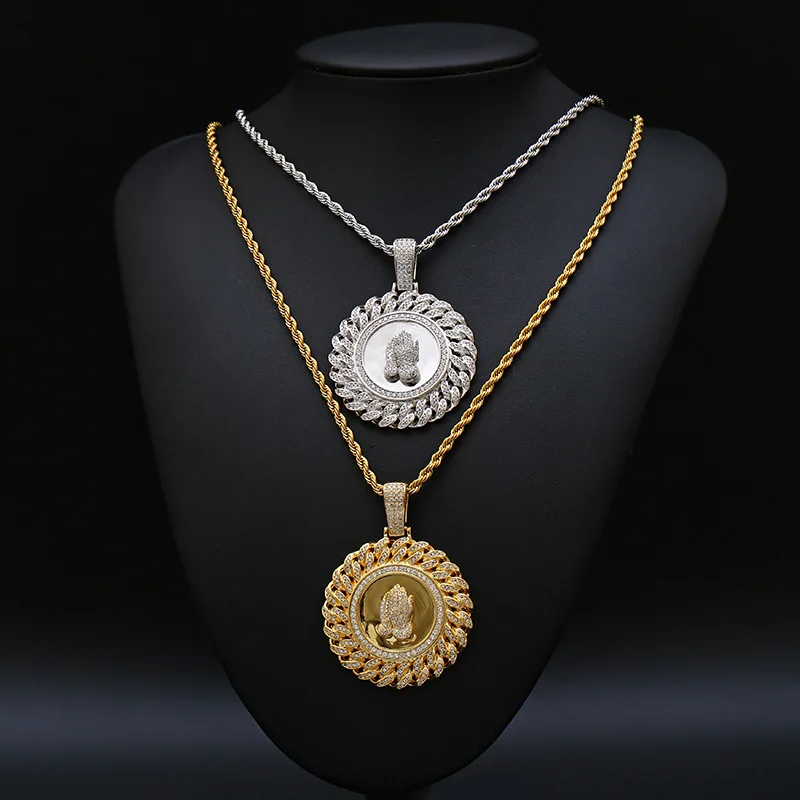 

Hip Hop Gold Plated Iced out Men's Gold Silver Fashion Jewelry Jesus Praying Hands Round Medellion Pendant Necklaces