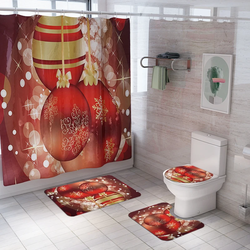 Christmas Santa Claus printed Toilet Pad Cover Bath Mat Shower Curtain Set for Bathroom Decoration