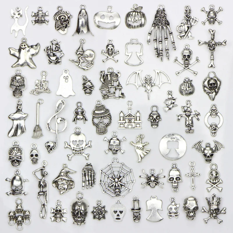 

60PCS Mixed Charm Pendant DIY Necklace Bracelet Jewelry Accessories Halloween Pendant Jewelry Decorations Making for Unisex, Sliver