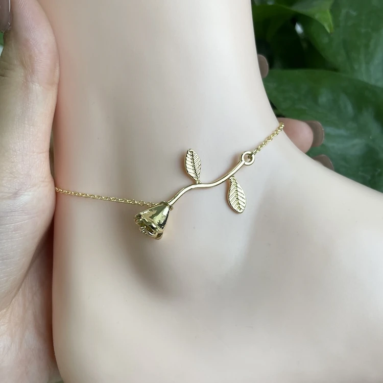 

Stereo 3D golden rose gold flower 18k plated lady necklace and anklet sets