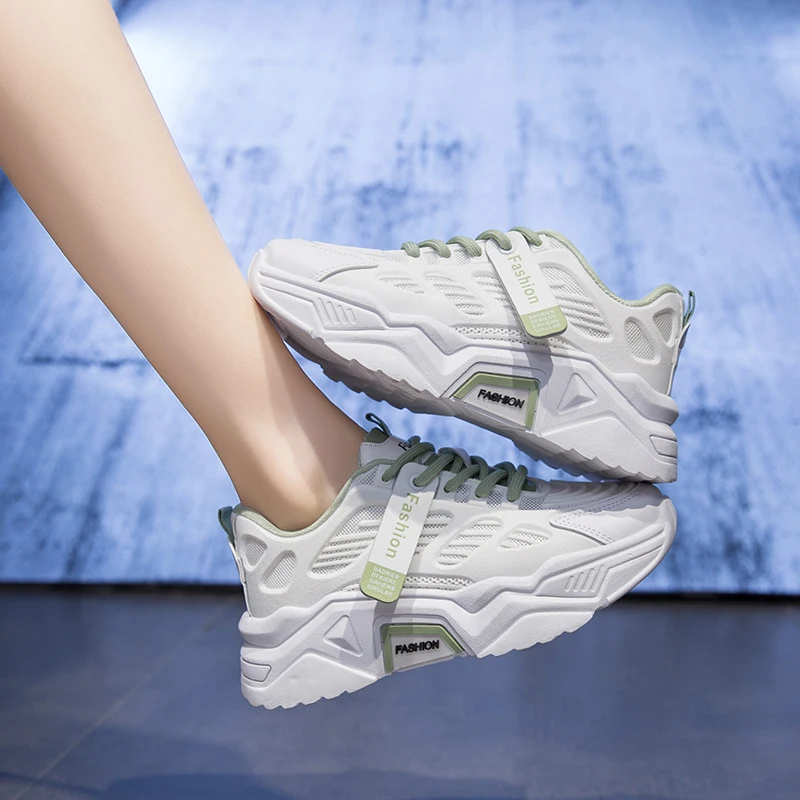 

Wholesale Latest Fashion Women's Casual Sport Shoes Thick Bottom Breathable Lace-Up Sneakers for Ladies, Pink/white1/white2