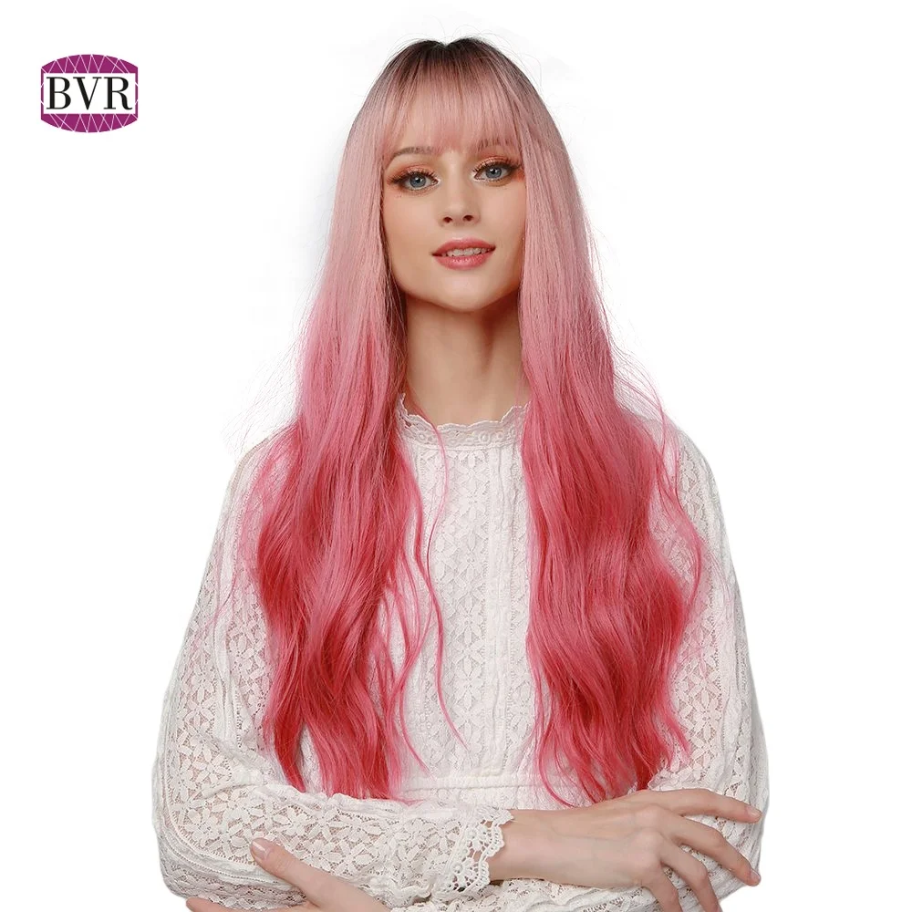 

BVR New Arrivals Long Body Wave Ombre Wig Pelucas De Fibra Top Dyed Black Gradient Pink Synthetic Wigs
