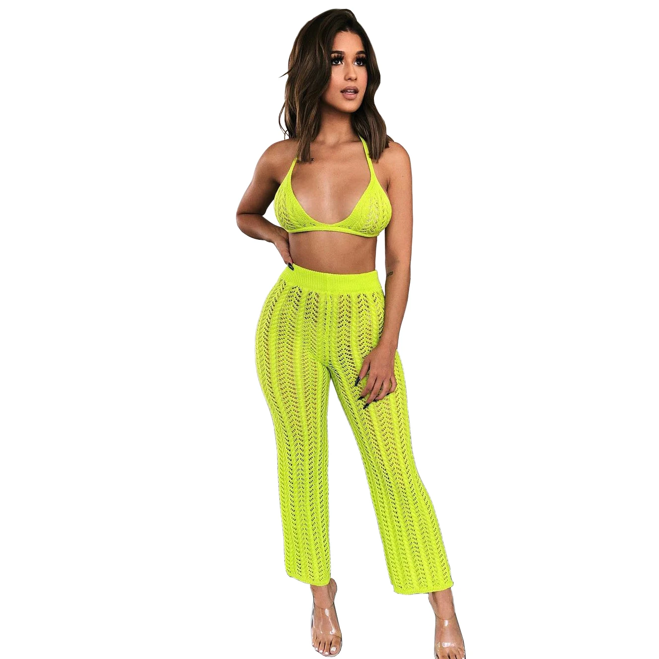 

European American women's new fashion hollow-out see-through suit two piece outfit summer two piece mesh outfits