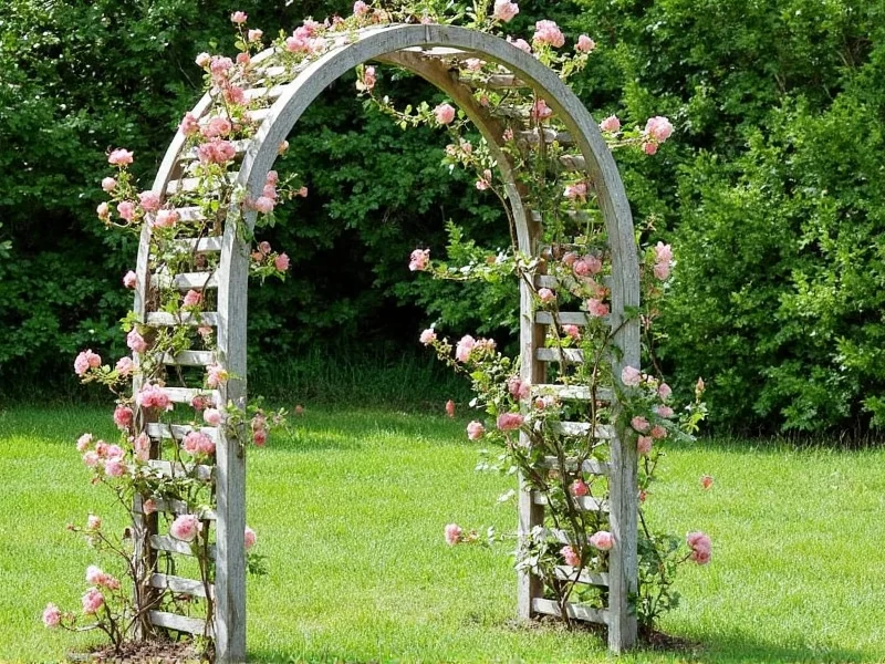Reclaimed wood garden arch supporting climbing roses