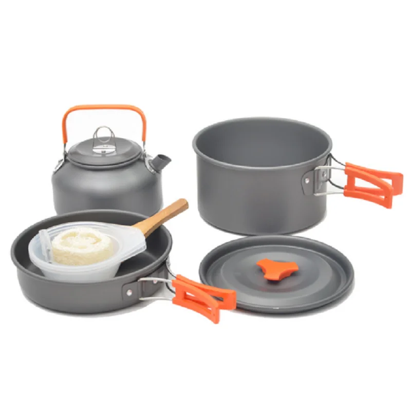 

Outdoor portable 2-3 person camping stove head set pan non-stick pan combination including tableware