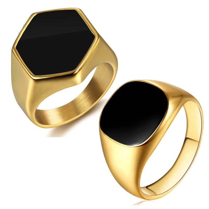 

Factory Hot Sale Fashion Jewelry Men Black Enamel Finger Ring Custom Gold Plated Stainless Steel Hexagon Simple Signet Ring