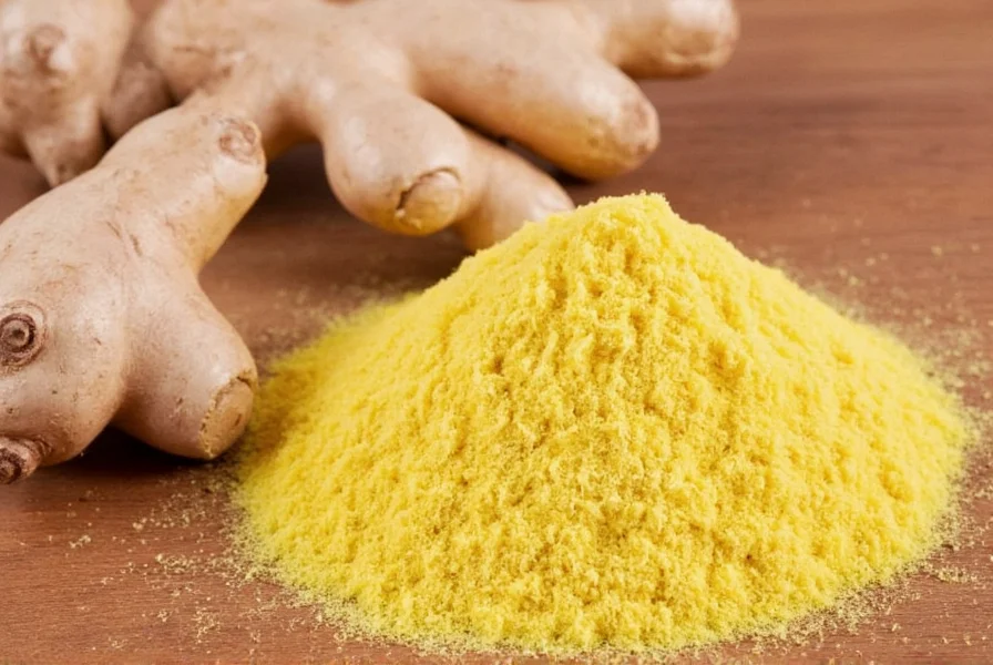 Chef's hand measuring ground ginger into a mixing bowl for baking