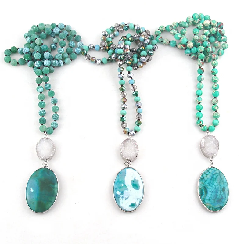 

New Women Boho Green Style Crystal Glass Beads Necklace Natural Stone Druzy Gemstone Oval imperior Pendant Necklace