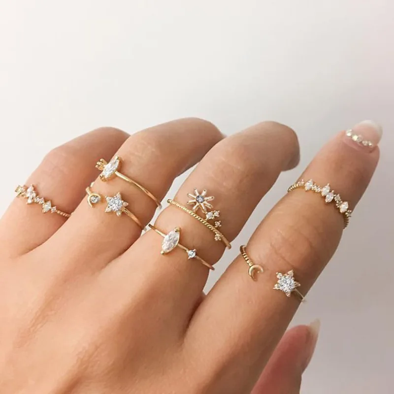 

New Hot Selling 7 Pieces Set Rings for Women Star Crescent Flower Popular Finger Ring Gold Plated Rhinestone Jewelry, As pic shown
