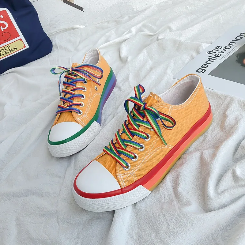 

2022 Rainbow Shoes Female Summer Breathable Shoes Fashion Shoes Students Korean Canvas Cloth Shoes Women Lady Flat Bottom Single, Yellow, black, white