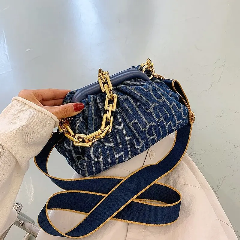 

2021 Small Wrinkled Bags Thick Chain Shoulder Bag Women Cow Tote Bag Big Capacity Armpit Handbag