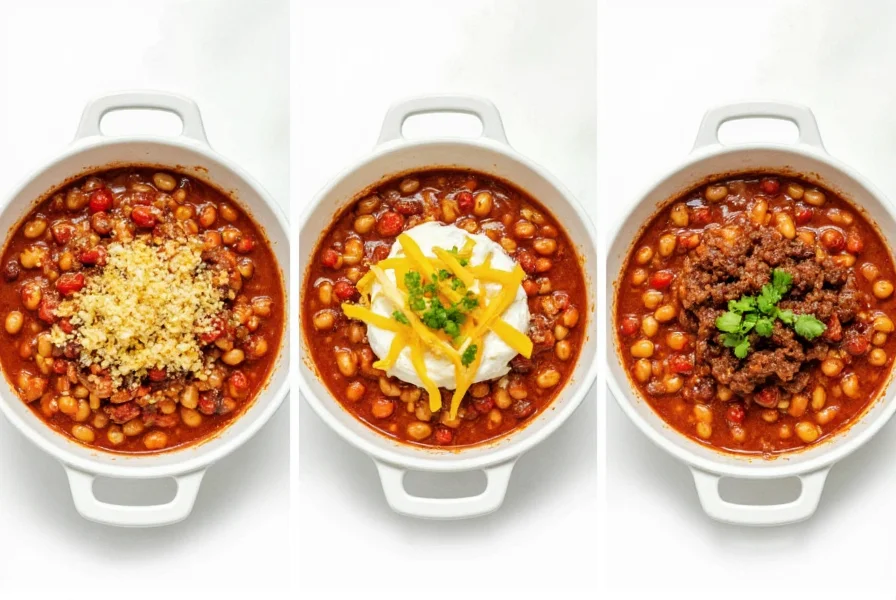 Three serving styles of high protein white bean chili showing different toppings and presentation options