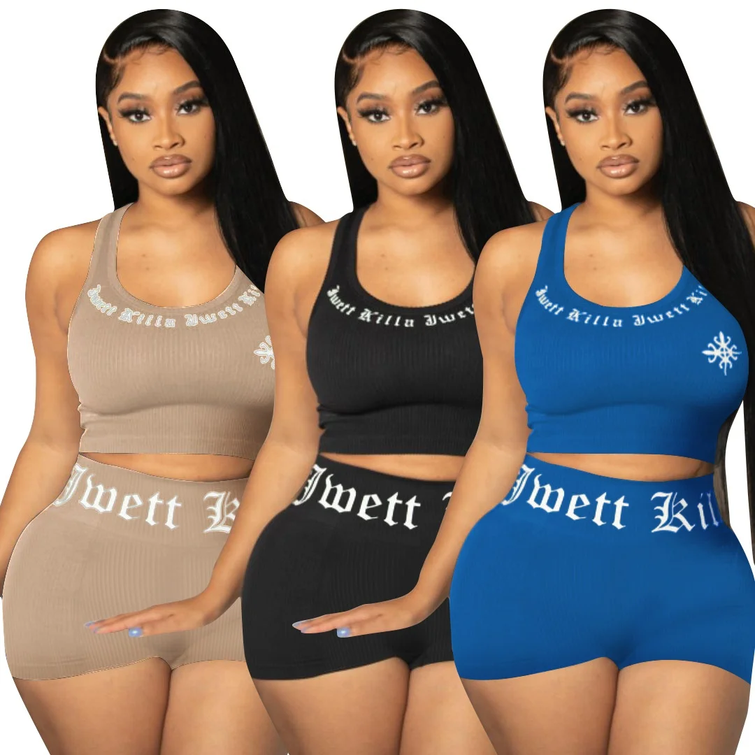 

2021 Biker Short Set Summer Old English Letter Print Casual Tank Top Women Summer Sport Clothing Two Piece Set