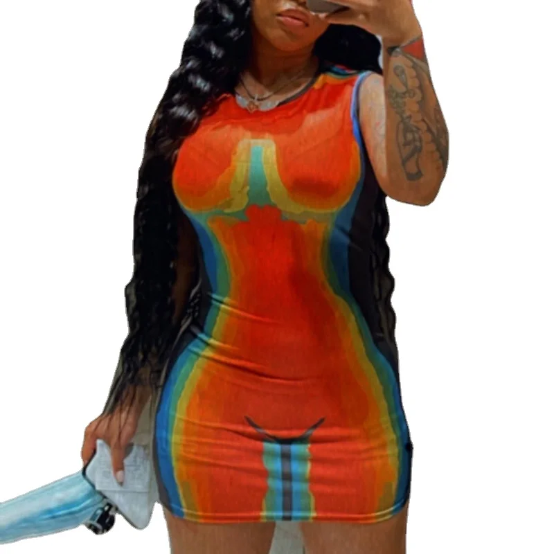 

Fashion Short Skirt Print Contrast Color Club Sleeveless Sexy Hot Body Ladies Nightclub Dress Dress