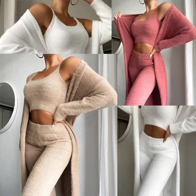 

funway ladies plush 3 piece tracksuit casual pajamas long sleeve cardigan vest long pant women party sweater set