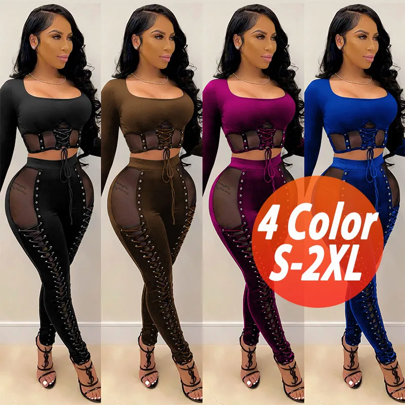 

2021 Trendy Women Custom Lace Up Clothing Slimming Patchwork Bandage Tracksuit Women 2 Piece Pants Set