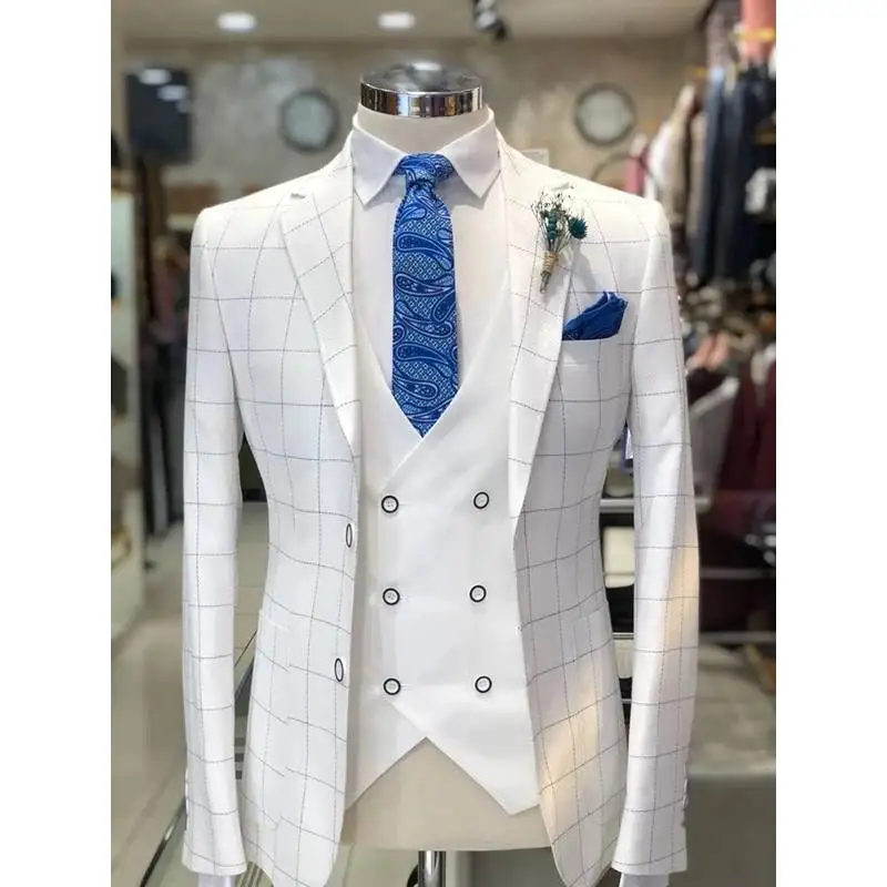

Costume Homme White Plaid Notch Lapel 2 Buttons Men Suits 3 Pcs Groom Wedding Terno Masculino Slim Fit Blazer Jacket+Pant+Vest, Same as picture/custom made