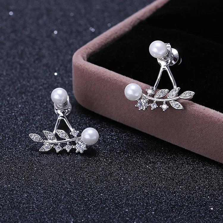 S925 Sterling Silver Korean Fashion Earrings with Zircon Crystal Leaves Pearl Diamond Silver Jewelry Accessories