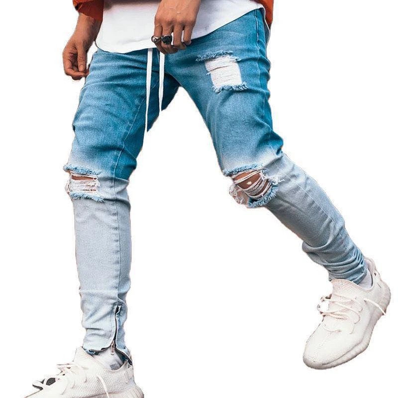 

2020 autumn hot sale gradient ripped hollow out men's jeans denim trousers fashion skinny pants casual streetwear plus size, 2 color as picture