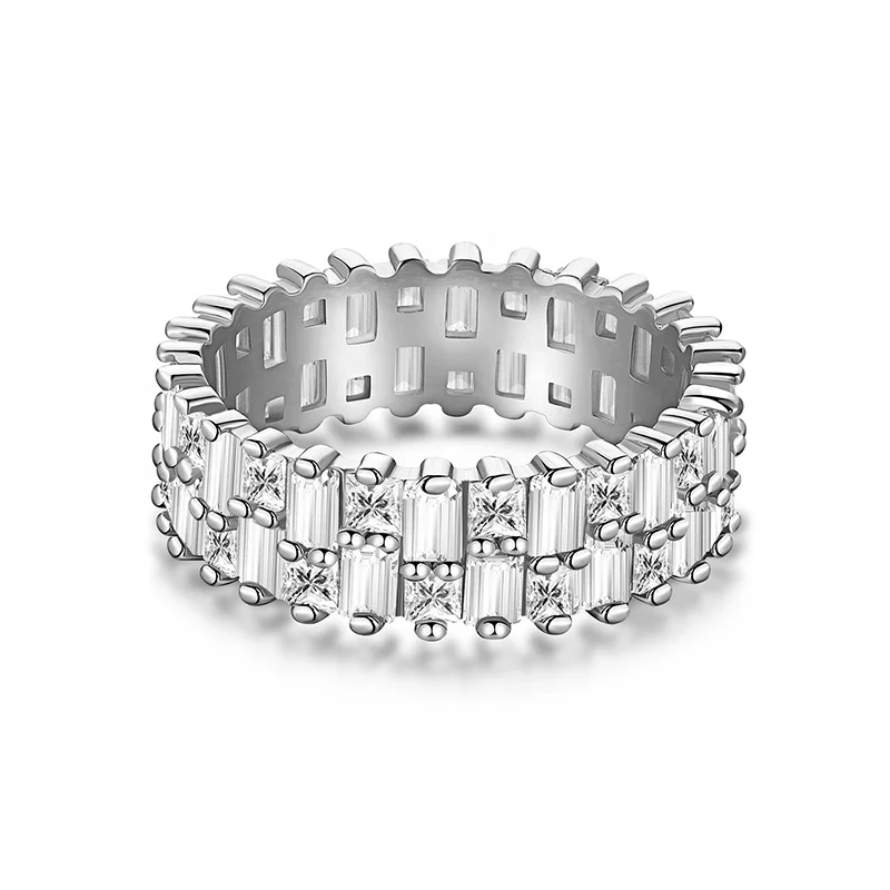 

2 Rows hip hop ring Emerald cut iced out CZ cubic zirconia stone tennis chain sterling silver eternity band rings for men women
