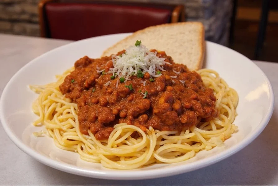 Authentic Syracuse red chili served over spaghetti in a traditional Central New York diner setting