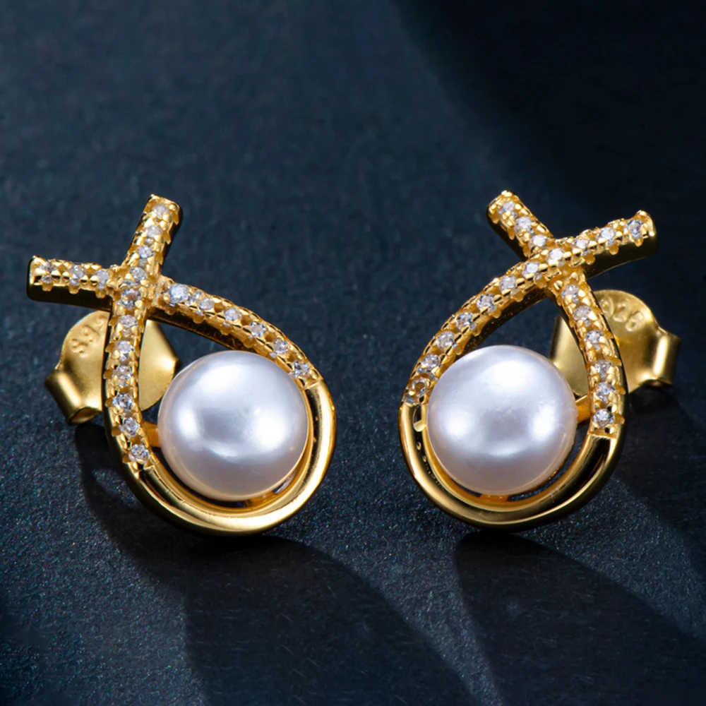 

S925 Silver Earrings for Women Inlaid Freshwater Pearl Gold Plated Earrings New Female Jewelry Wholesale