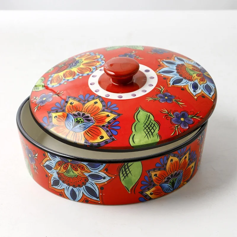 

Red creative pattern ceramic storage bowl dried fruit box with lid