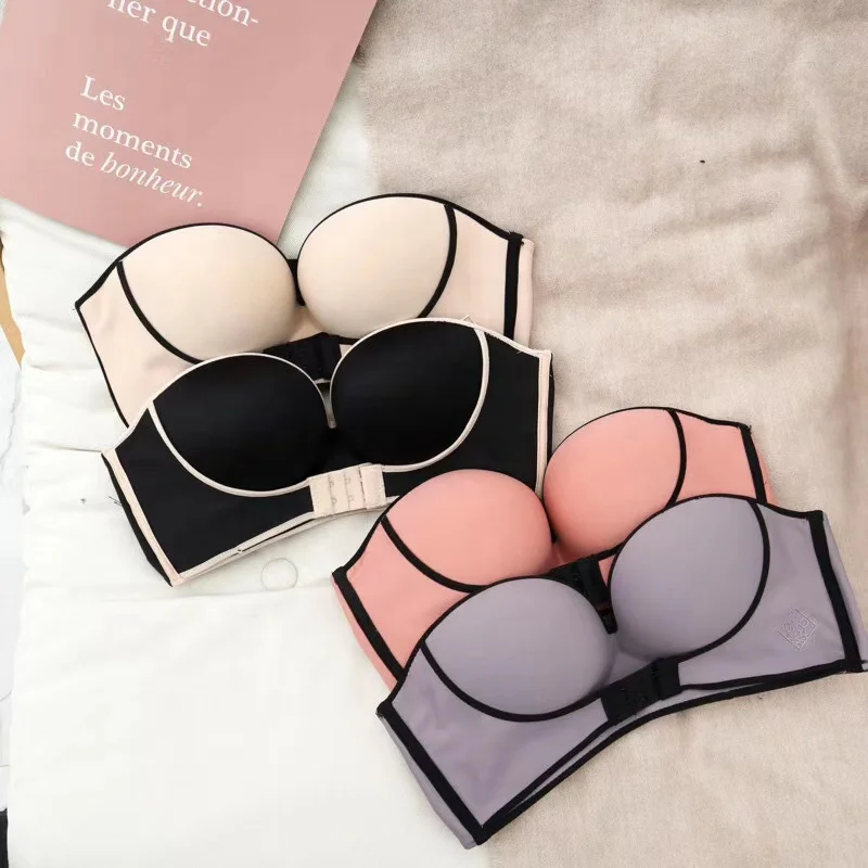 

2148 Wholesale women front closure brassiere strapless backless bra strapless push up bra, 4 colors:pink, black, gray, beige