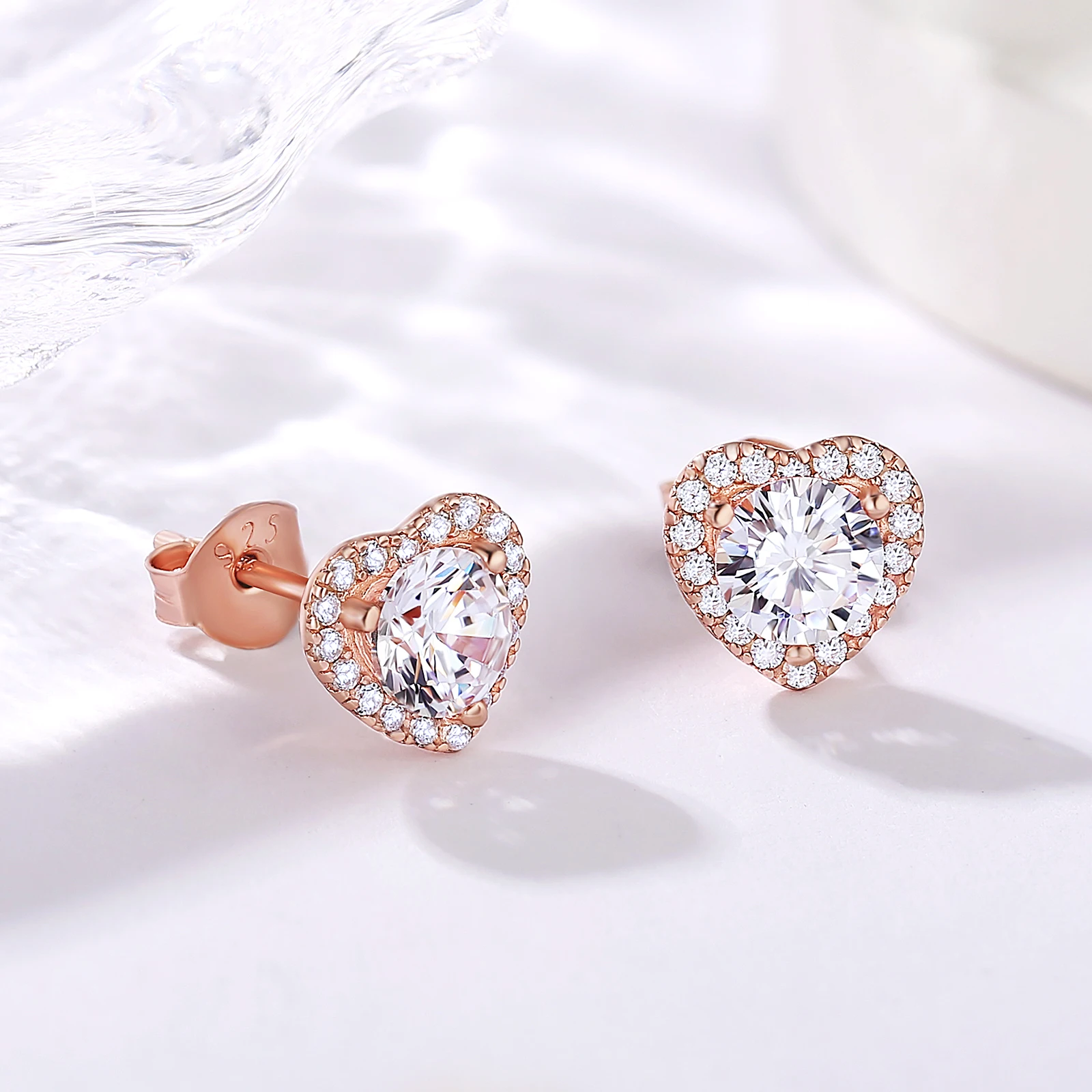 

KRKC Earring Jewelry 5A Zircon Rose Gold Plated 925 Sterling Silver Diamond Heart Women Stud Earrings