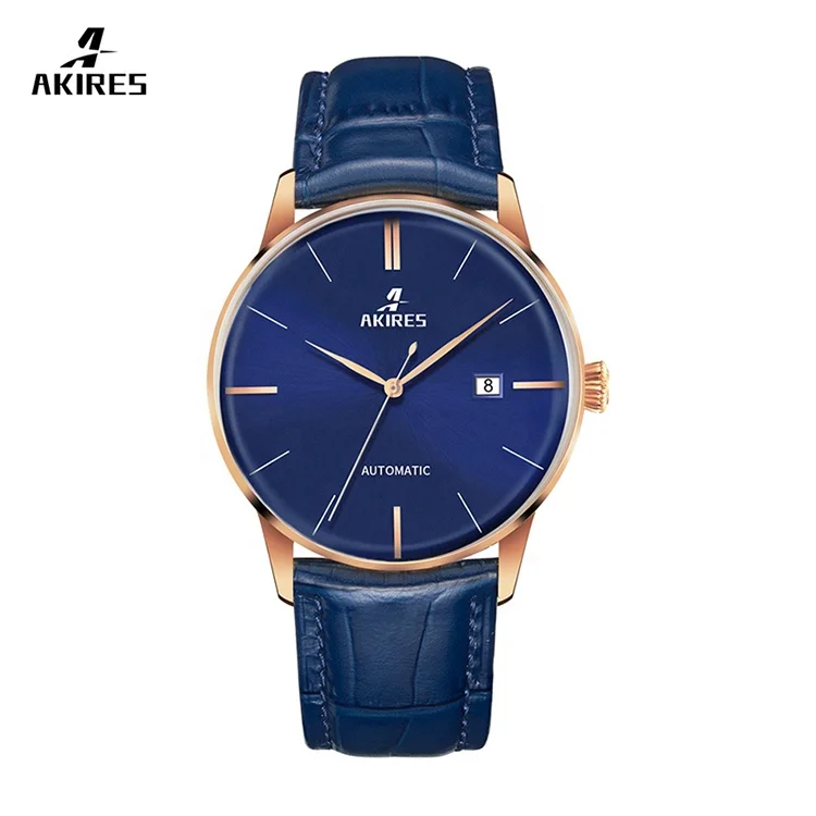 

Brand AKIRES mens blue mechanical watch genuine leather watches men luxury custom logo