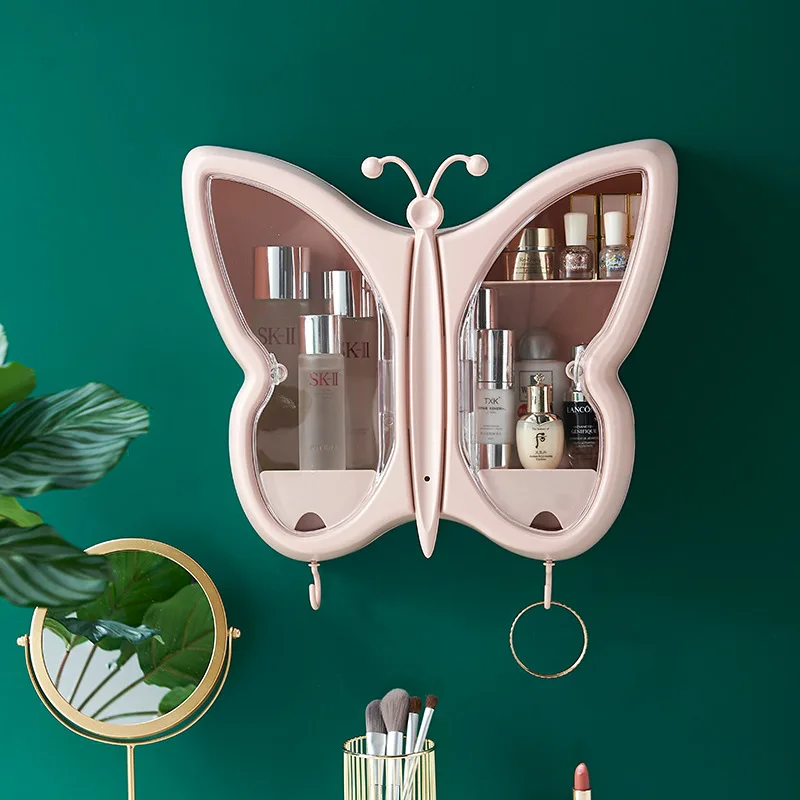 

Butterfly Shape Punch-free Wall Shelf Waterproof Dustproof Cute Wall Mount Makeup Organizer With Cover, Blue, pink, white, green