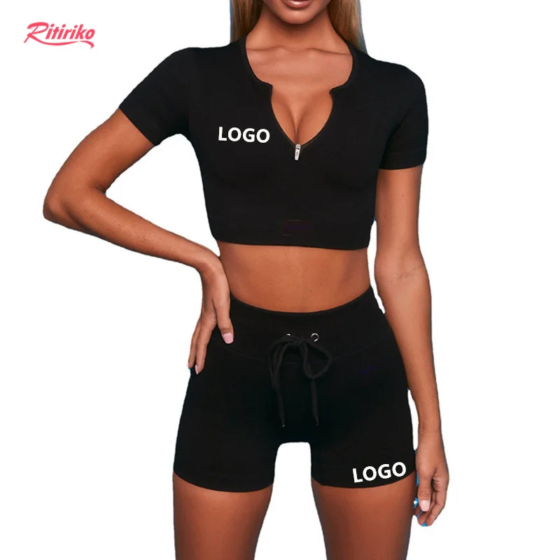 

2021 Summer Woman Casual Knit Ziper Short Sleeve Crop Tops Tank Bra Shirt 2 Pc Sets Drawstring Yoga Two Piece Short Pants Set, Blue, lake blue, gray, white, black