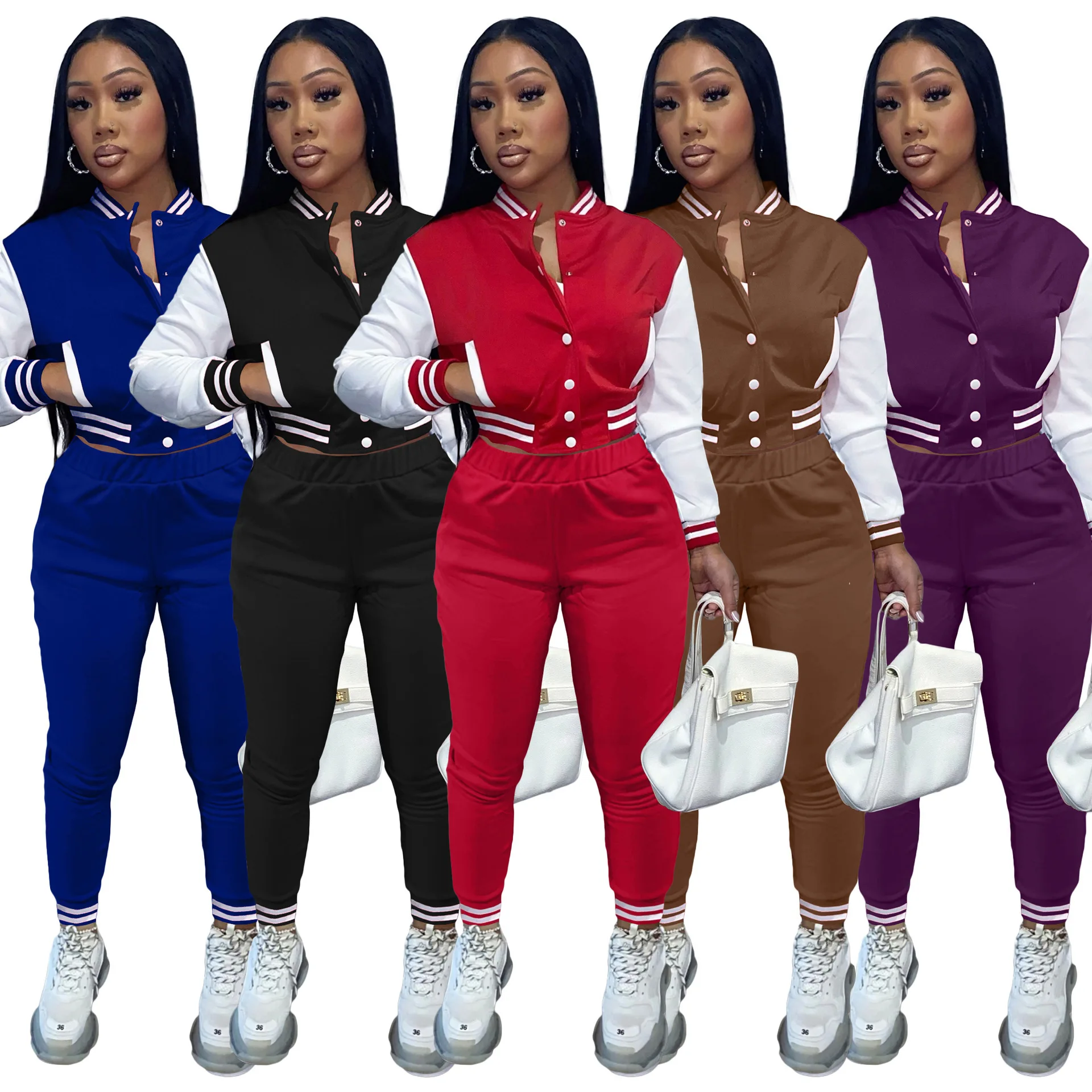 

2021 Womens Tracksuit Set 2 Piece Custom Fall Thick Letterman Sweatsuit Set Jogging Two Piece Pants Set Women, 5 colors