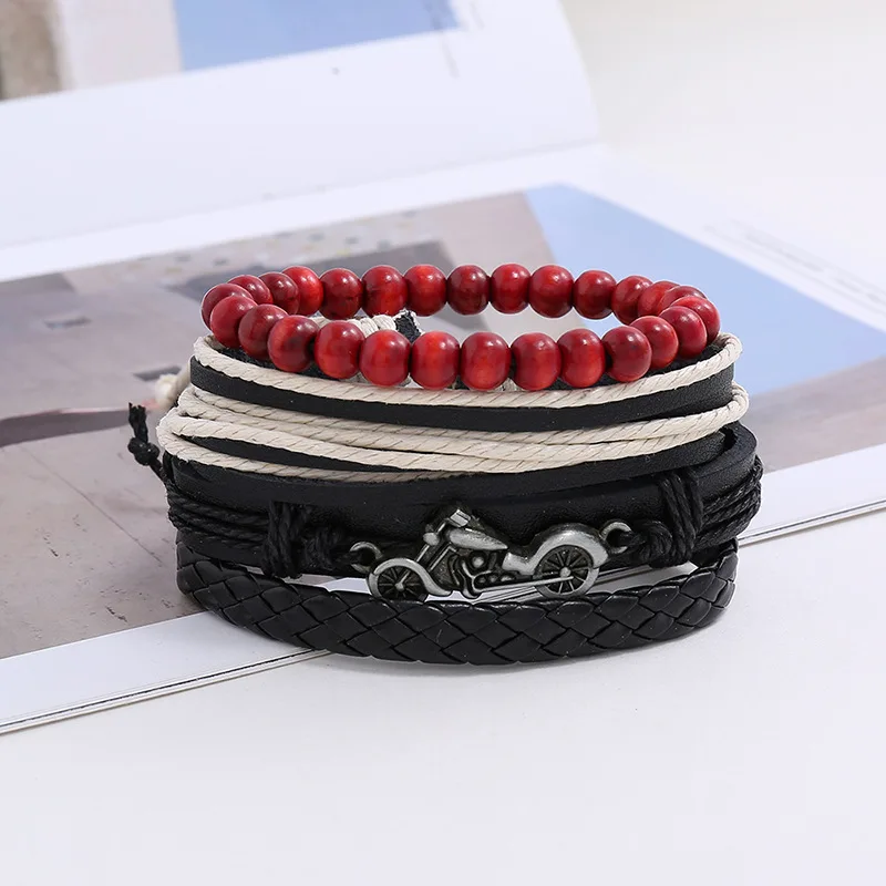

2021 Manufacturer wholesale vintage woven 4 pieces leather bracelet alloy motorcycle bracelet combination, Multicolor