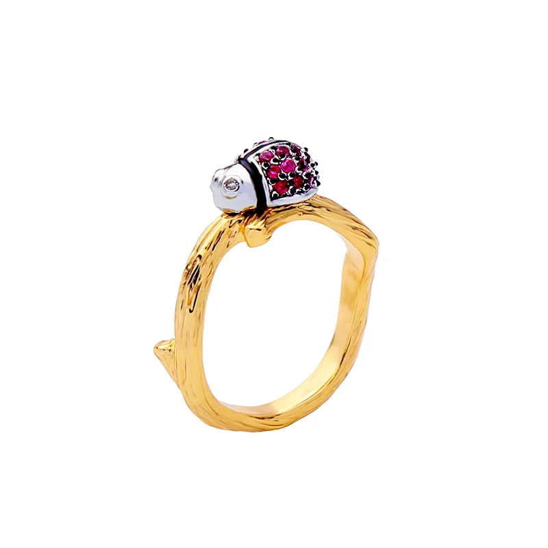 

mj0011 Latest Fashion Jewelry Gold Plated Brass Tree Branch Ladybird Ladybug Beetle Pave Pink Crystal Women Insect Rings