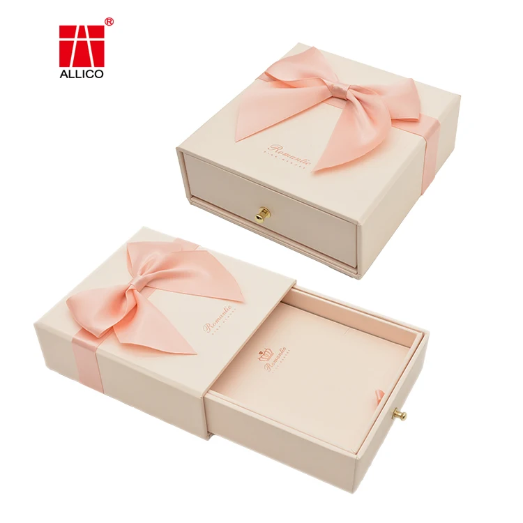 

ALLICO luxury Custom Logo Cardboard Paper Packaging Drawer Jewelry Gift Box With Ribbon, Customized color