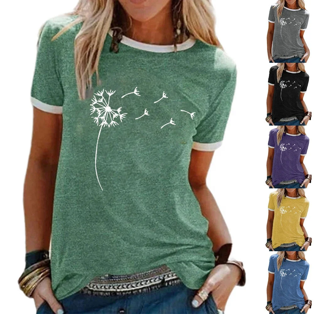 

Dandelion pattern printed round neck short sleeve T-shirt female