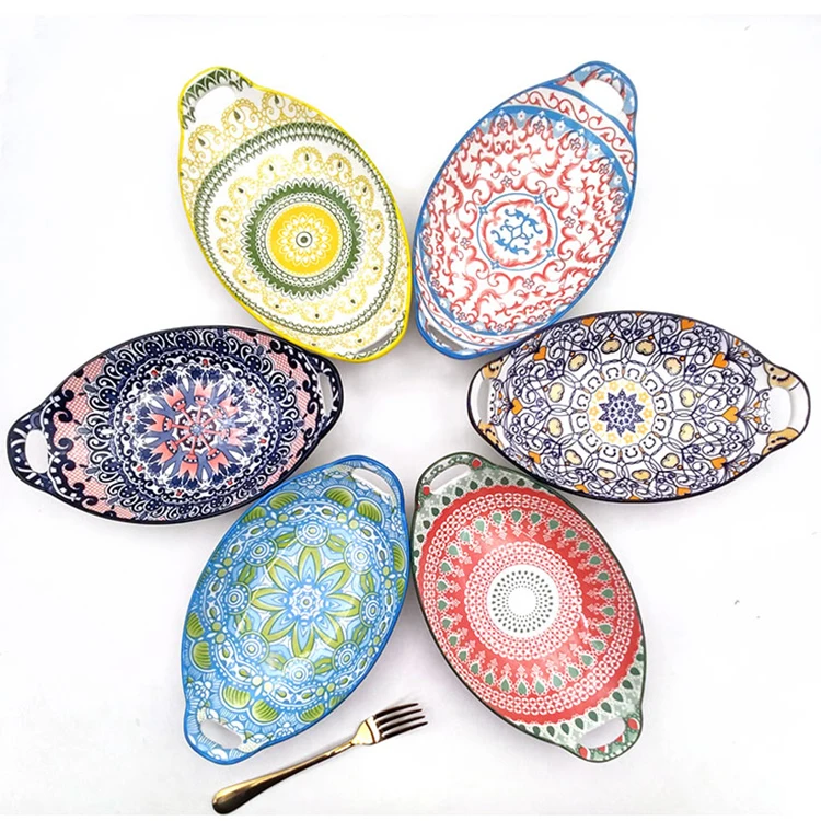 

Bohemian moroccan style padprinting ceramic oval bakeware microwave baking tray with two handles home kitchen used food safety, Color